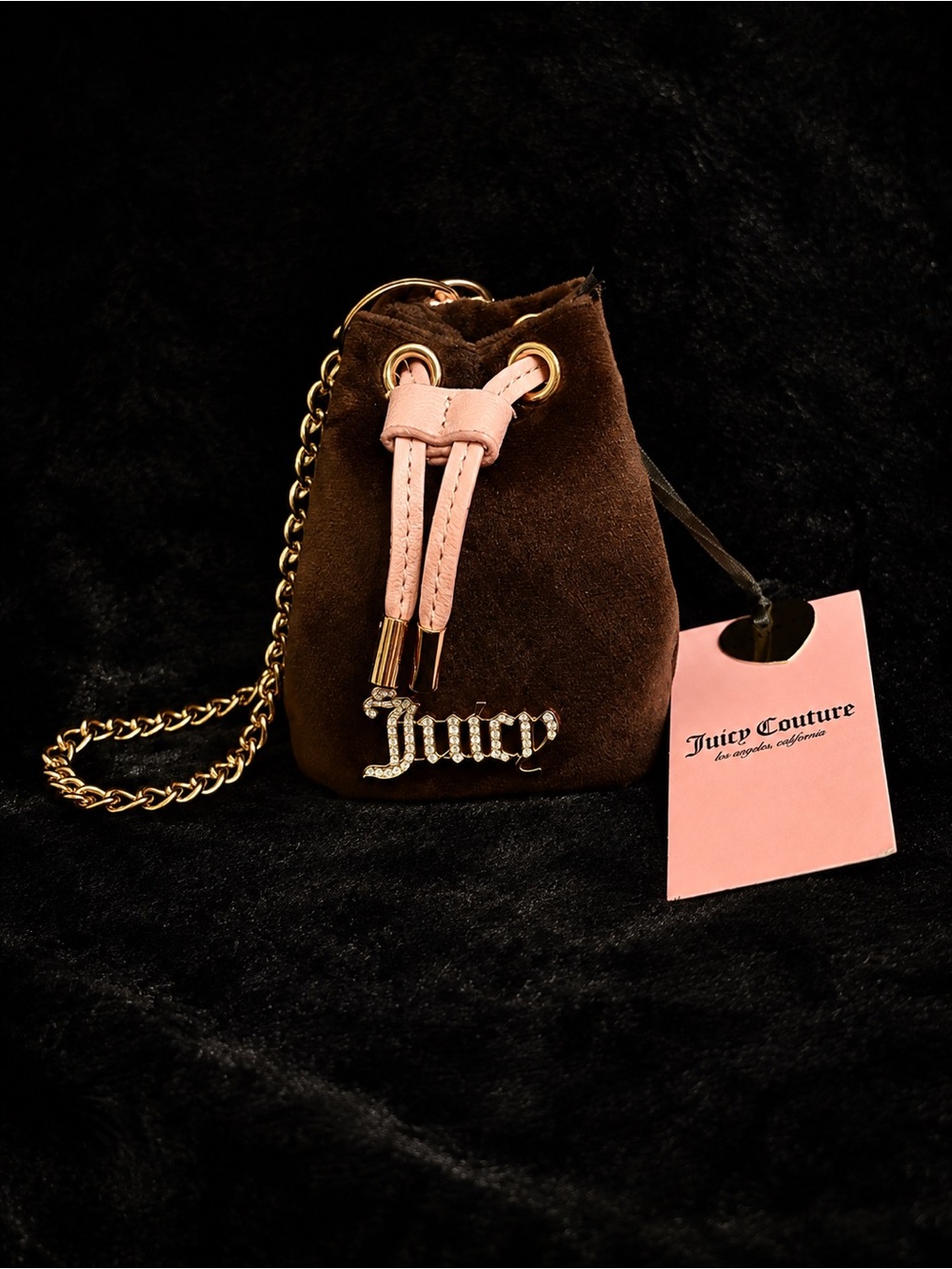 Juicy Couture Brown Suede Mini Drawstring Bag with Pink Trim